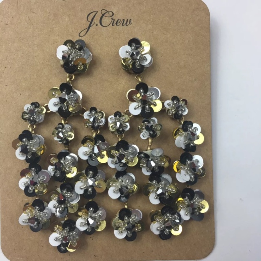 Floral Sequin Chandelier Gold Black White Earrings - Picture 5 of 5